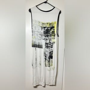 Helmut Lang Graphic Abstract Print Sleeveless White Black Yellow Midi Dress S